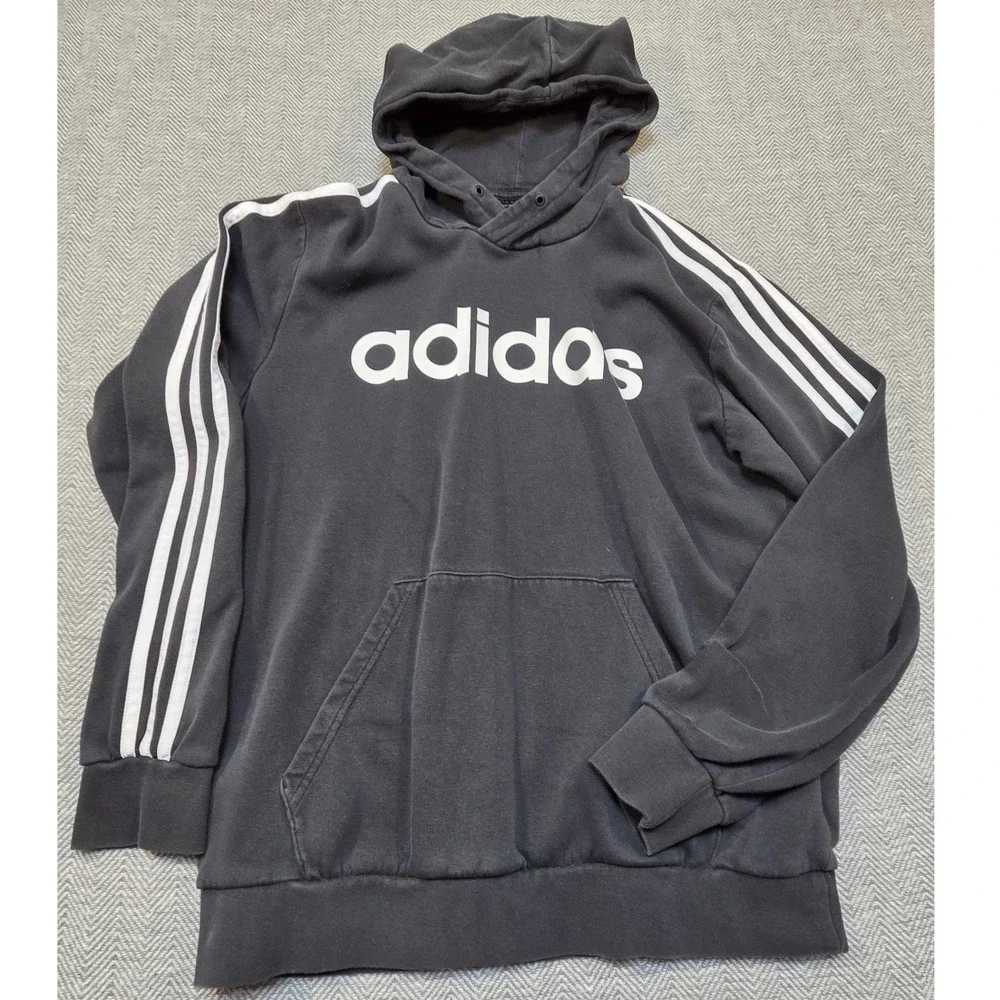 Adidas Mens Essentials 3-Stripes Pullover Hoodie Black White Logo Medium